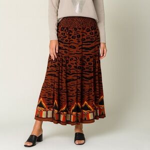 Vintage Carole Little Boho Maxi Skirt Brown Animal Print Rayon Size 8 Multicolor